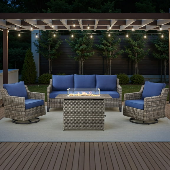 PARKWELL 4 Piece Outdoor Patio Furniture Set with Fire Pit Table,All-Weather Conversation Set with Luxury 4-Inch Thick Cushions,Swivel Glider Chair,5-Seat Furniture Sets for Deck, Backyard,Gray/Navy