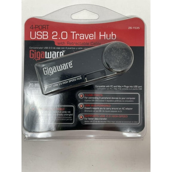 Gigaware -  26-321 - 4-port USB 2.0 Travel Hub Retractable Cable - PC/MAC/USB