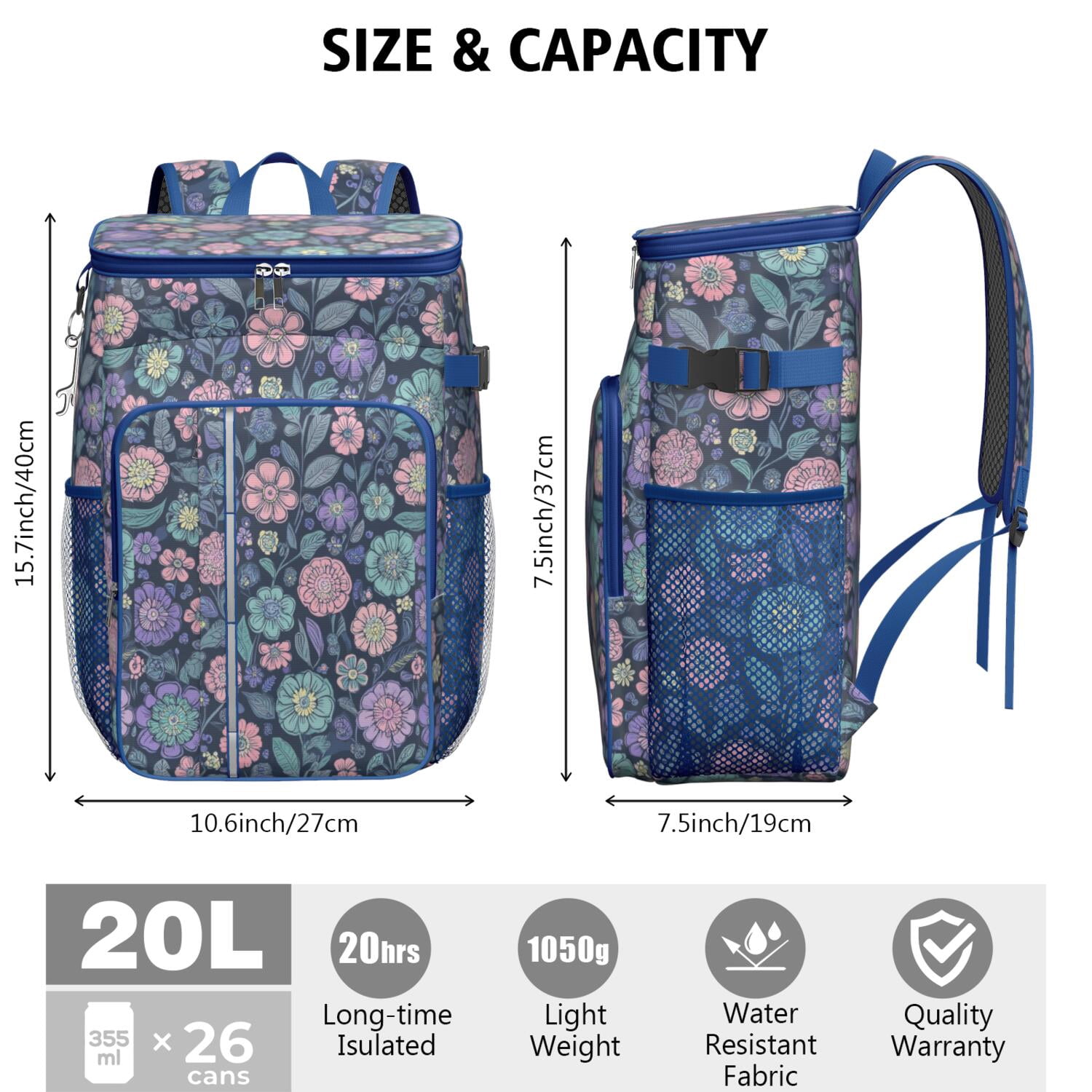Travel Cooler Bag - Pioneer Flower Camping Beer Cooler Backpack with Bottle Opener- Waterproof Insulated Picnic Backpacks - Cooler Bag for Beach