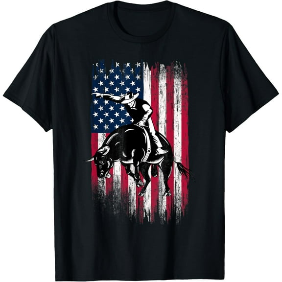 Rodeo Bull Rider Patriotic American Flag Cowboys T-ShirtMen and women, Black T-shirt, size: Extra large S-4XL