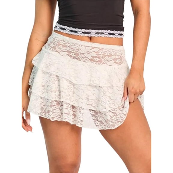 Women Floral Lace Mini Skirts Y2K Low Rise Pleated Ruffled Hem Layered Skirts Aesthetic Streetwear