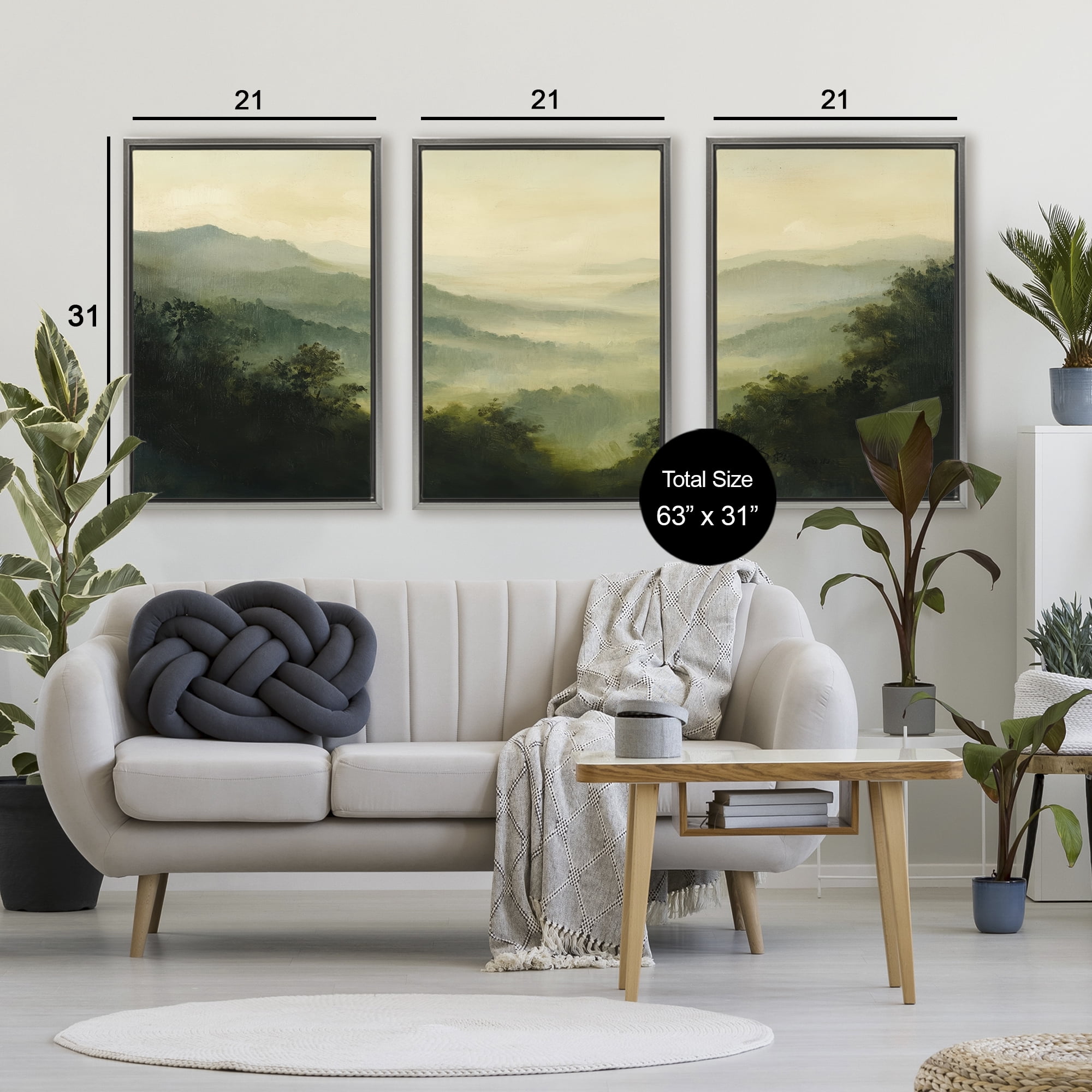 Stupell Industries Through The Haze Mountain Panorama 3 Piece Gray Framed Floater Canvas Set, design by Petal Prints Design