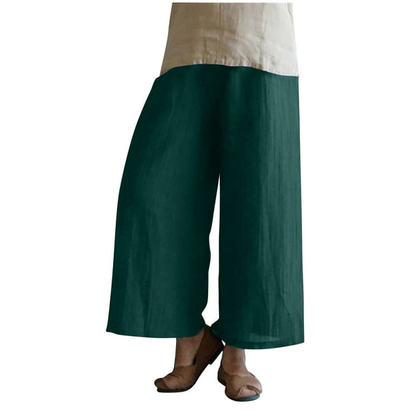 Womens Quick-dry Cotton Linen Baggy Pants Elastic Waist Pocketed Wide Leg  Trousers Lightweight Comfy Beach Capris
