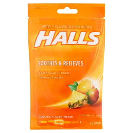 (4 Pack) Halls Tropical Fruit Flavor Menthol Cough Suppressant/Oral Anesthetic Drops, 30