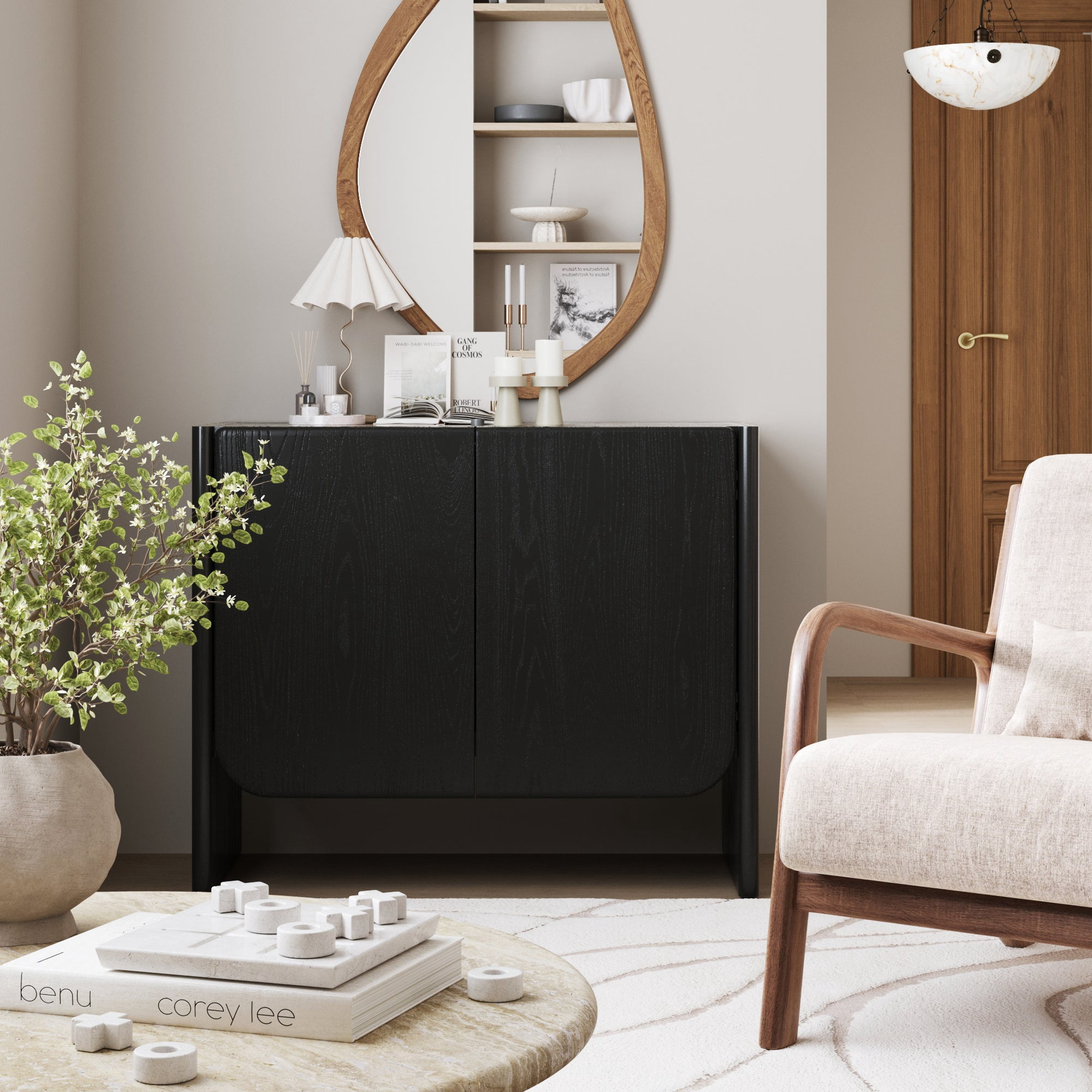 Nathan James Jacala Mid Century Modern Entryway Storage Cabinet with Doors, Living Room Accent Cabinet with Wood Frame, Black Oak