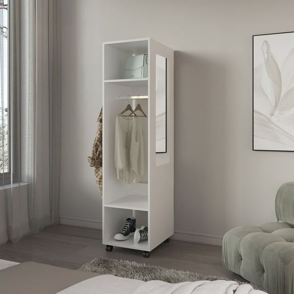 Miekor Furniture Armoire 63"H, with 3 Shelves, 1 Mirror, and 4 Wheels, White 0842