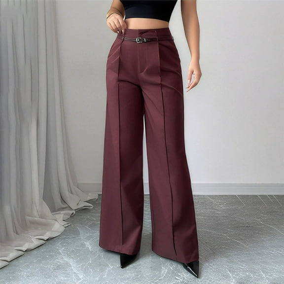 PiGOGI Women's Straight Leg High Waist Wide Leg Pants Zipper Two Pocket Casual Comfortable Trousers Wine XL