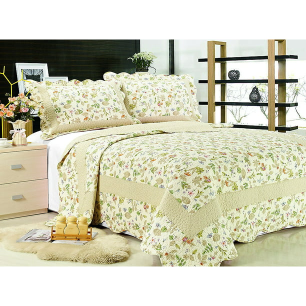 3pc Reversible Quilt Set Bedspread, Green Bedspreads King Size