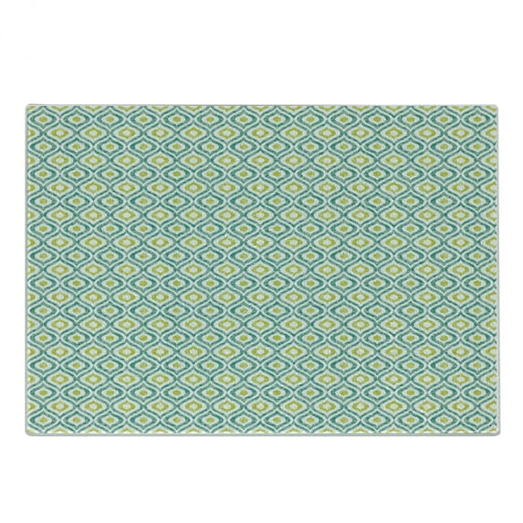 Ikat Cutting Board, Ogee Pattern in Indonesian Weave Art Style Vibrant Colors Motif, Decorative Tempered Glass Cutting and Serving Board, Small Size, Mint Green Yellow Green, by Ambesonne