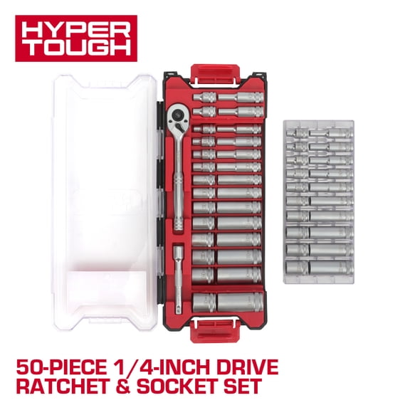 Hyper Tough 1/4-Inch Drive Ratchet and Socket Set, SAE and Metric, 50 Pieces