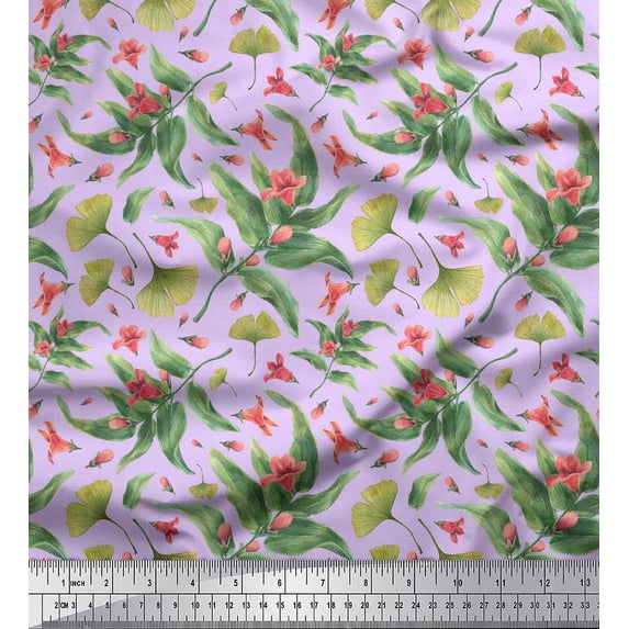 Soimoi Purple Viscose Chiffon Fabric Leaves & Azalia Floral Print Fabric by the Yard 42 Inch Wide