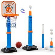 2 in 1 Toddler Basketball Hoop and T Ball Set with Automatic Pitching Machine - Adjustable Height, Kids Basketball Hoop Suit for Indoor Outdoor Sport Toys Gifts for Toddler Boys Girls Age 2-8