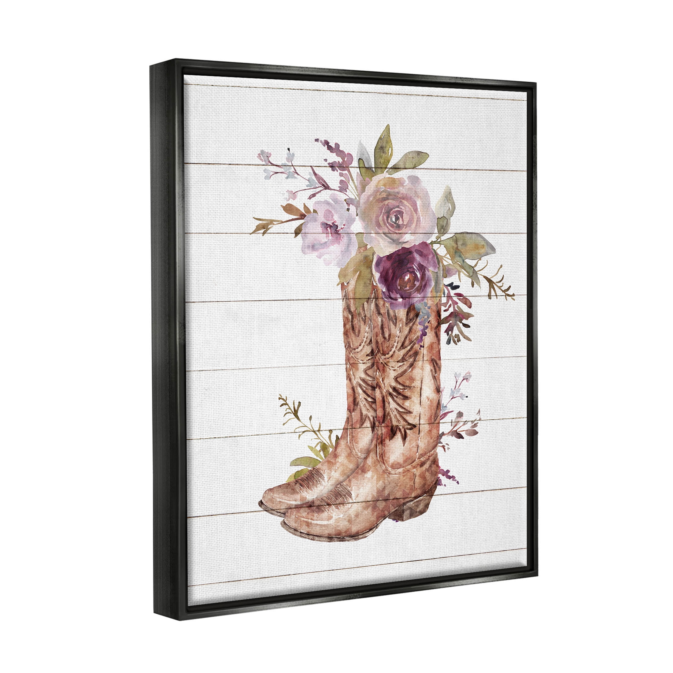 Stupell Industries Country Cowboy Boots Flower Bouquet Graphic Art Jet Black Floating Framed Canvas Print Wall Art, Design by Nina Blue