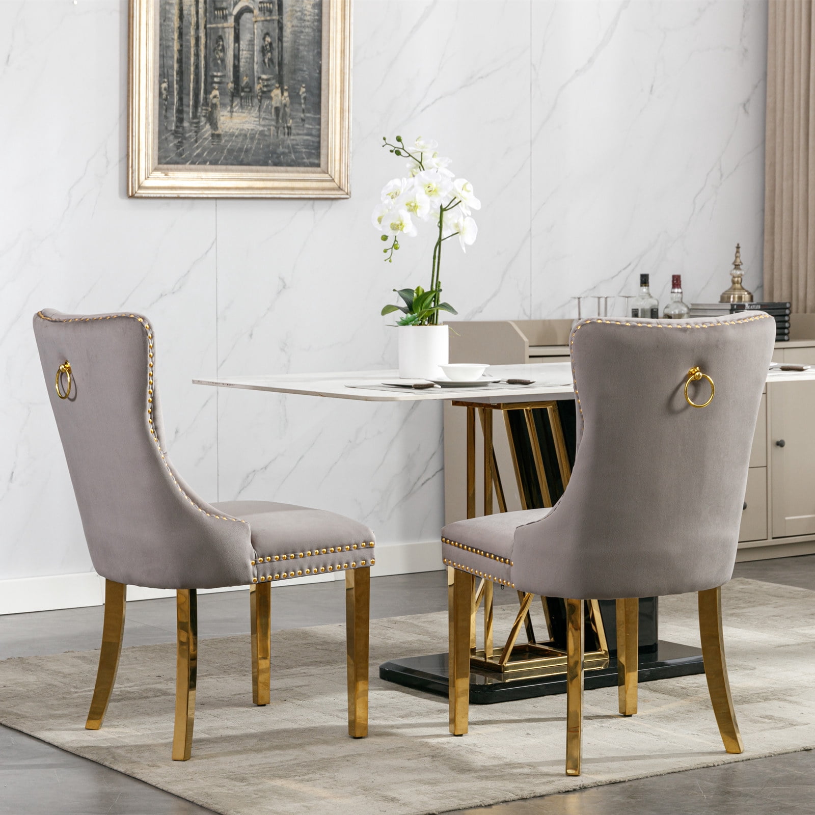 Gewnee Set of 2 Modern Velvet Tufted High Back Dining Chairs,Upholstered Armless Side Chairs with Metal Legs & Nailhead Trim for Kitchen Dining Room,Gray