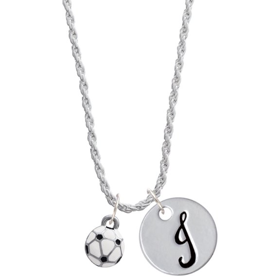 Delight Jewelry Silvertone Mini Enamel Soccer ball - Silvertone Script Initial Disc - J - Charm Necklace, 20"+3"