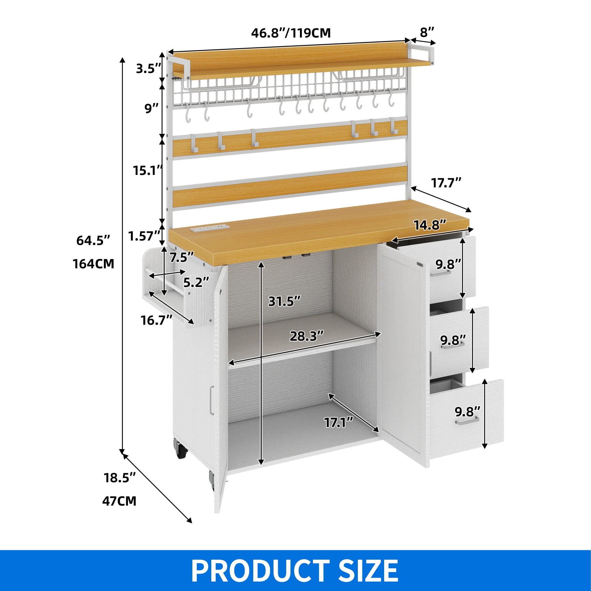 Uforic Kitchen Island with Drawers & Storage Rack, Kitchen Storage Cart with Doors & Hooks, White