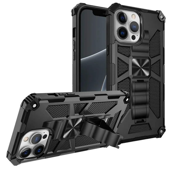 Rome Tech Military Grade Protective Phone Case with Kickstand for Apple iPhone 13 Pro Max (2021) - iPhone 13 Pro Max Case with Metal Plate - Black