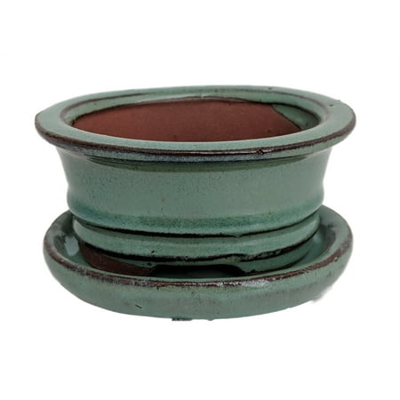 Small Ceramic Bonsai Pot plus Saucer - Aqua Green - 4