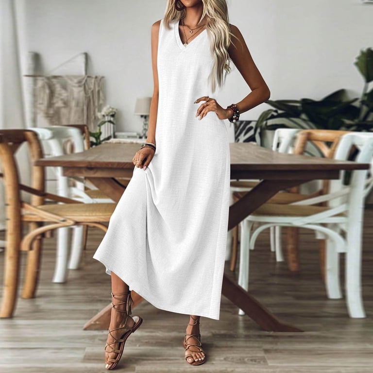 Formal Dresses Women, Linen Tank Casual V Neck Sleeveless Maxi Dress Elegant Beach Holiday Loose Long Sundress With Pockets House Of Cb Dress Casual Goth Women Cocktail Dresses (S, White) ZMTing - Formal Dresses Women, Linen Tank Casual V Neck Sleeveless Maxi Dress Elegant Beach Holiday Loose Long Sundress With Pockets House Of Cb Dress Casual Goth Women Cocktail Dresses (S, White) ZMTing -