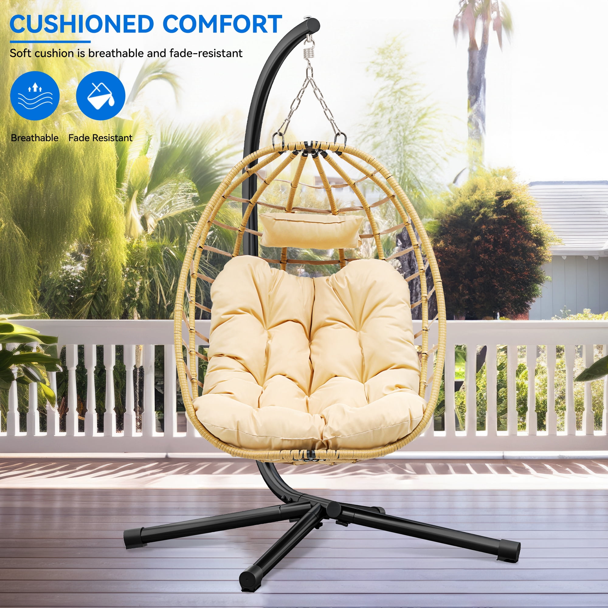 Uforic Outdoor Wicker Egg Chairs Indoor with Steel Stand for Patio, Bedroom, Garden and Balcony, Beige