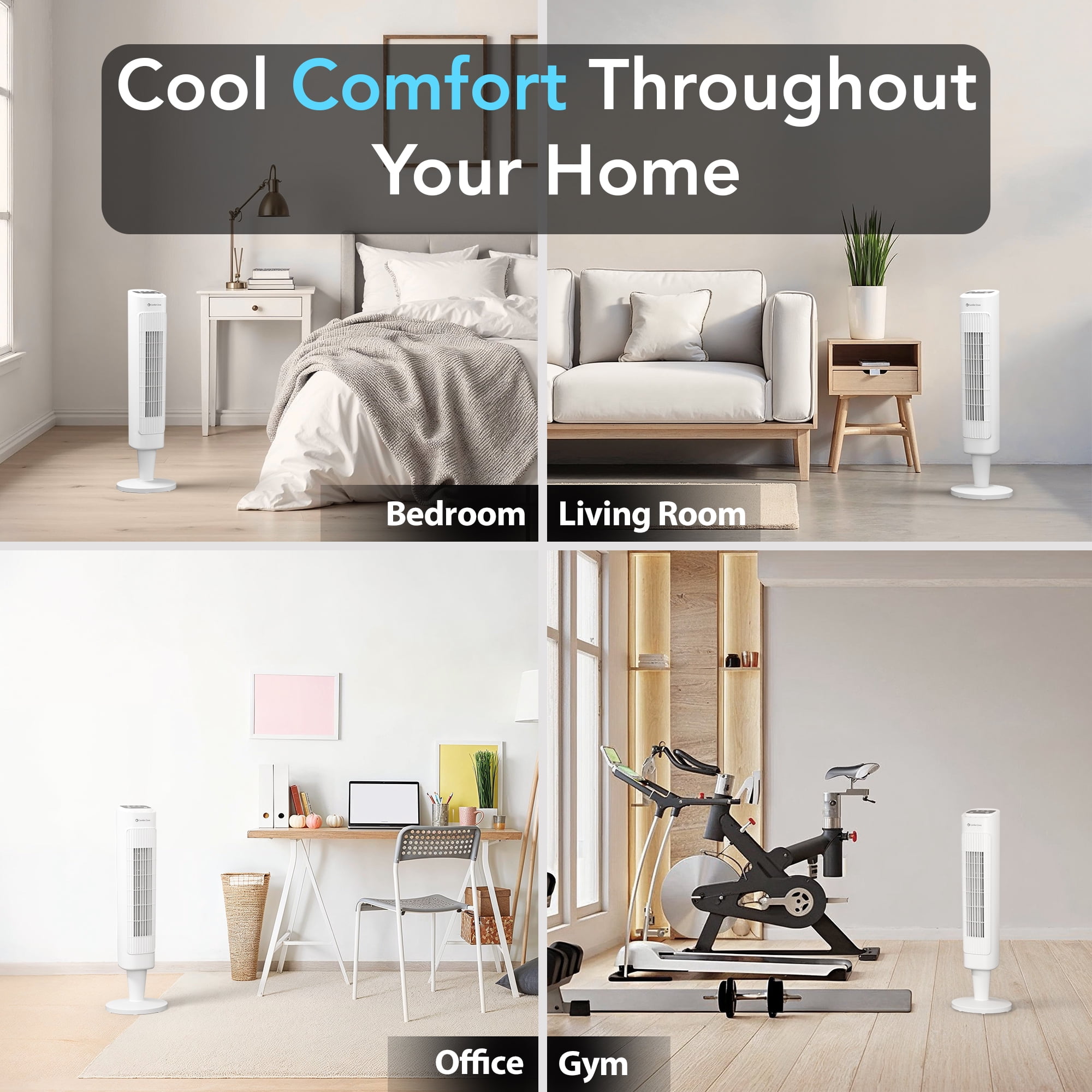 Comfort Zone 36” Tower Fan with Remote Control and Timer, White