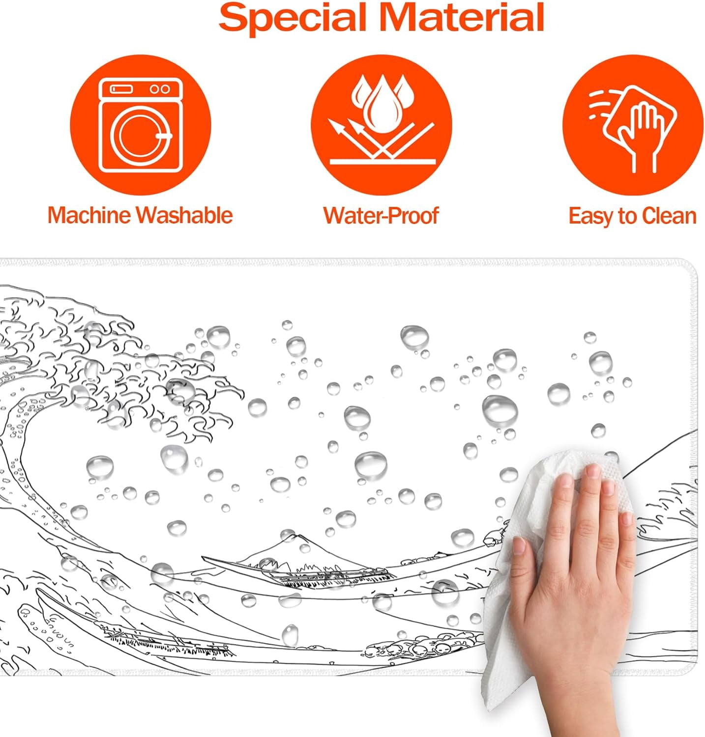 Japanese Sea Wave Large Mouse Pad, Anime White Gaming Mouse Pad XL, Extended Kanagawa Mouse Mat Desk Pad, 3mm Thick Long Non-Slip Rubber Base Mice Pad, 31.5 X 11.8 Inch,White