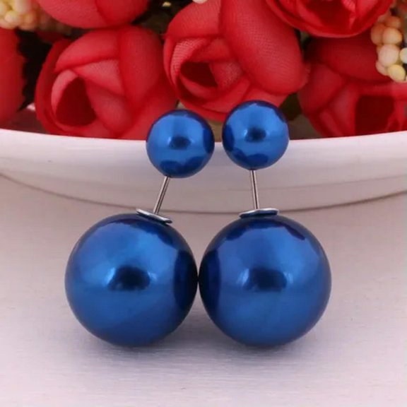 U8MO 5 Pair Fashion Pearl Double Side Two Ball Front and Back Post Earrings Ear Stud-C: Royal Blue