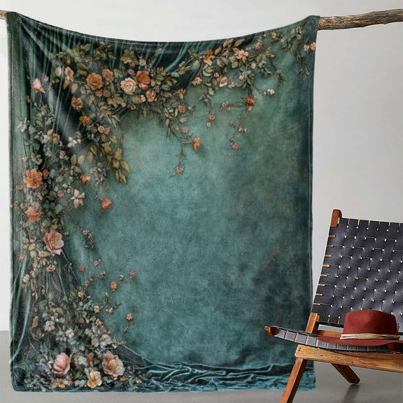 Vintage Floral Print Flannel Throw Blanket - Soft, Warm & Cozy for Couch, Bed, Car, Office, Camping & Travel - Perfect All-Season Gift - Teal Background with Detailed Rose & Leaf Design