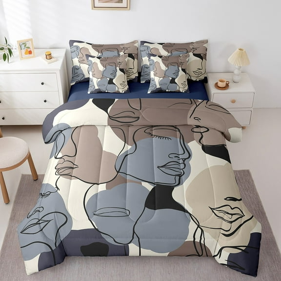 Erosebridal Minimalst Bedding Twin Size for Teens, Modern Artwork Bed Set, Abstract Reversible Bed in a Bag Twin size, Ultra Soft Bedroom Decorative, 7pcs