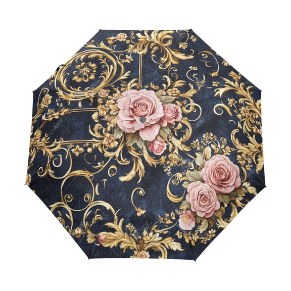 YAZAOO One-Touch Auto Open Close Rain Umbrella With Creative Floral Pink Roses Gold Filigree Pattern