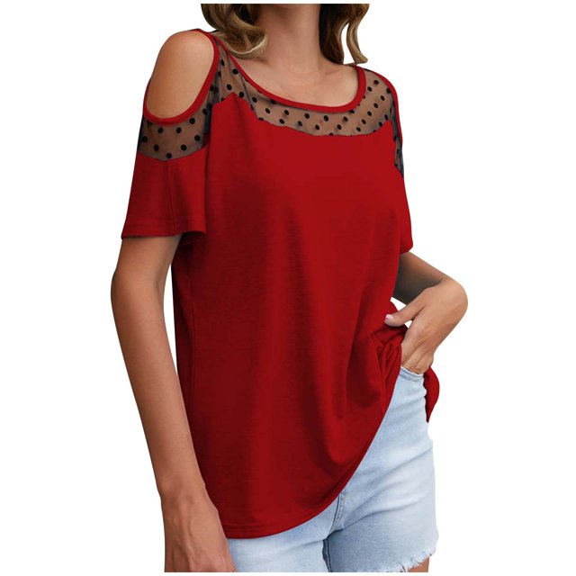 Kovlvoll Hauts pour Femmes Col Rond Patchwork en Dentelle Épaules Dénudées Manches Courtes T-Shirts Décontractés Amples Blouse d'Été