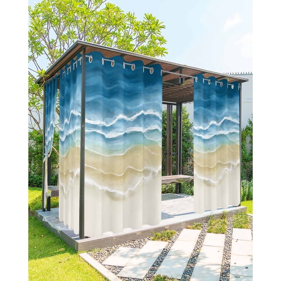 Blue Summer Beach Outdoor Curtains for Patio, Nautical Coastal Beige Seaside Privacy Drapes Grommet Waterproof Outside Curtains for Porch/Cabana/Balcony 54"x 108", 2 Panel