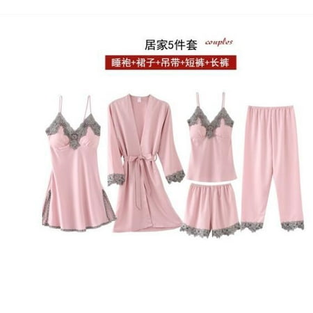 

PIKADINGNIS 5PCS Robe&gown Set Women Lace Trim Satin Sleepwear Pyjamas Summer Bridal Wedding Nightwear Casual Home Wear Kimono Best Friend