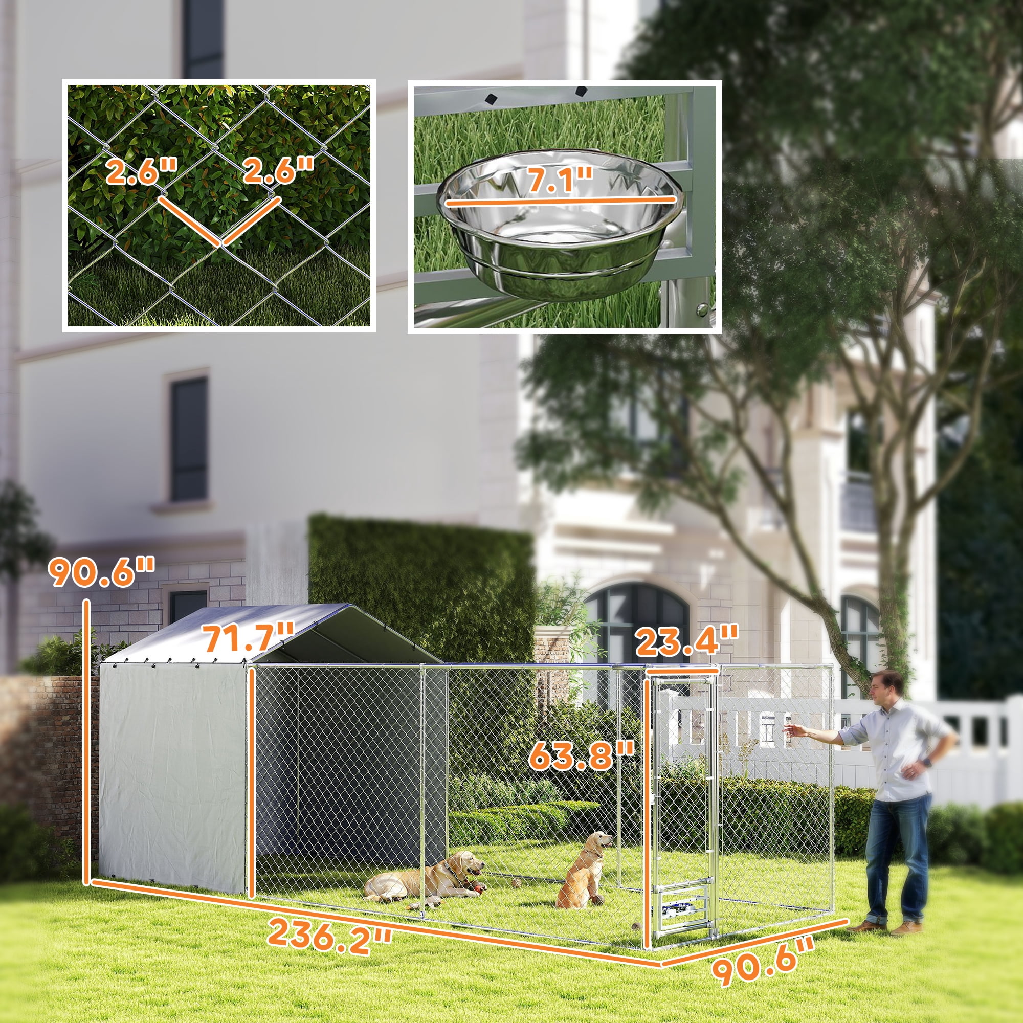 PawHut Large Outdoor Dog Kennel, Chain Link Dog Kennel Outside with Weather Resistant Cover, Rotating Bowls Door, for M&L Dogs, 19.7' x 7.5' x 7.5'