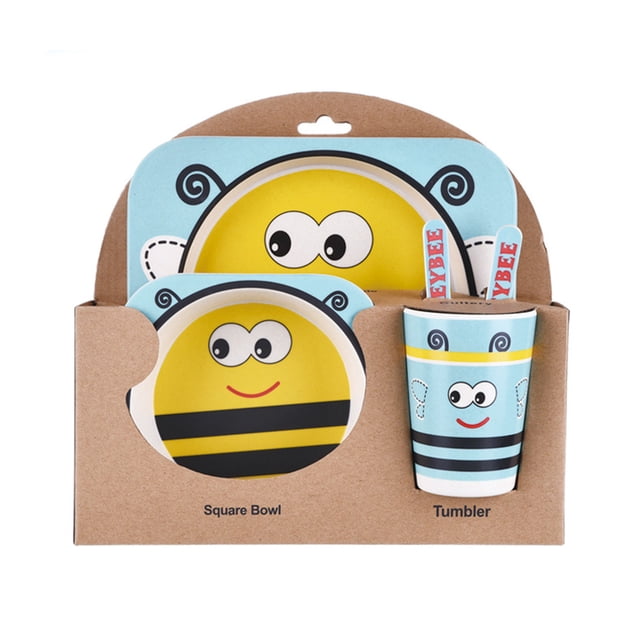 Kids Tableware Set 5Pcs Baby Bamboo spoon fork Fiber Cartoon Bowl Animal Dinnerware Set Toddler Cup Spoon Fork