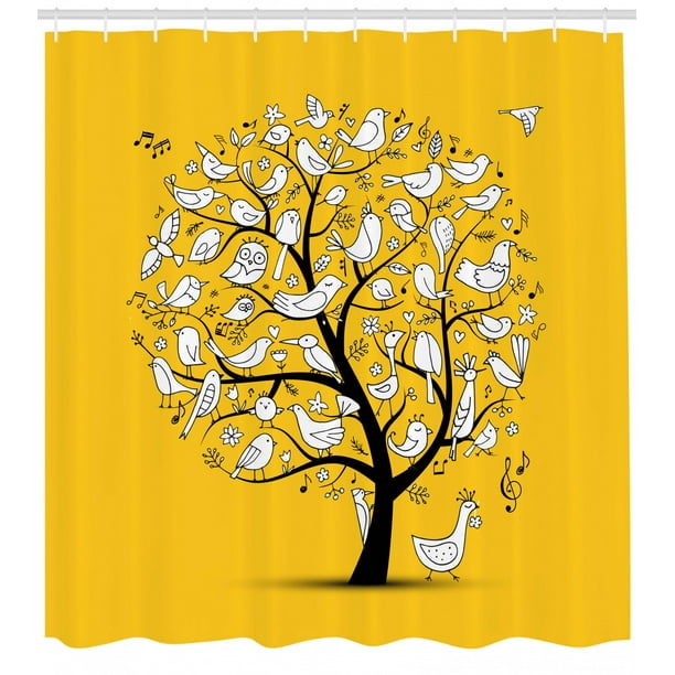 Yellow Bird Shower Curtain Tree Of Uncolored Doodle Birds Singing On Branches Fabric Bathroom Set With Hooks Earth Yellow White By Ambesonne Walmart Com Walmart Com