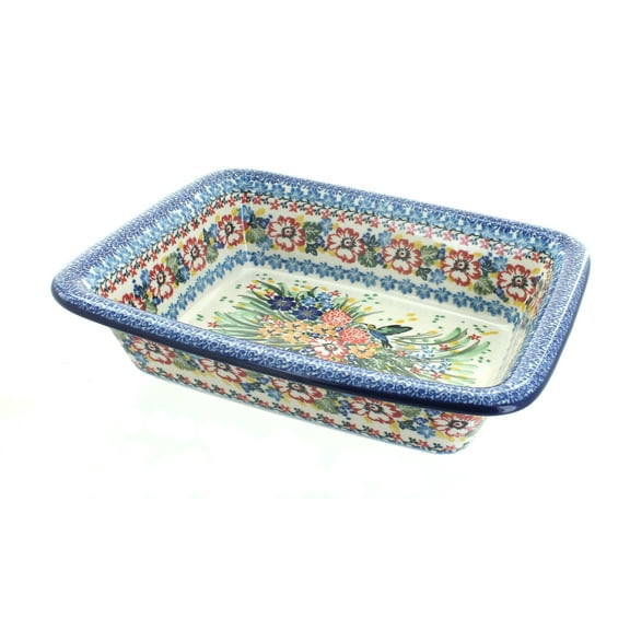 Blue Rose Polish Pottery Hummingbird Small Rectangular Baker
