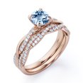 thumbnail image 4 of JeenMata Twisted Pave - 1.75 Carat Round Shaped Vivid Blue Created Aquamarine and Moissanite - Four Prong Wedding Set - 18K Rose Gold Plating over Silver, 4 of 6