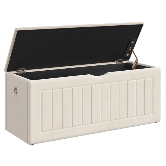 HOOBRO Velvet Upholstered Storage Bench with Safety Hinges & Pull-Handle Bins, Beige