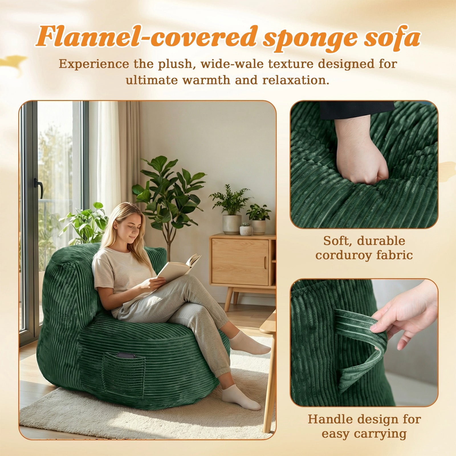 TOPCHANCES Large Bean Bag Chair for Adults, Crushed Foam Floor Chair with Storage Pocket & Carry Handle,  Indoor Lazy Lounger Sofa for Living Room Bedroom, Dark Green