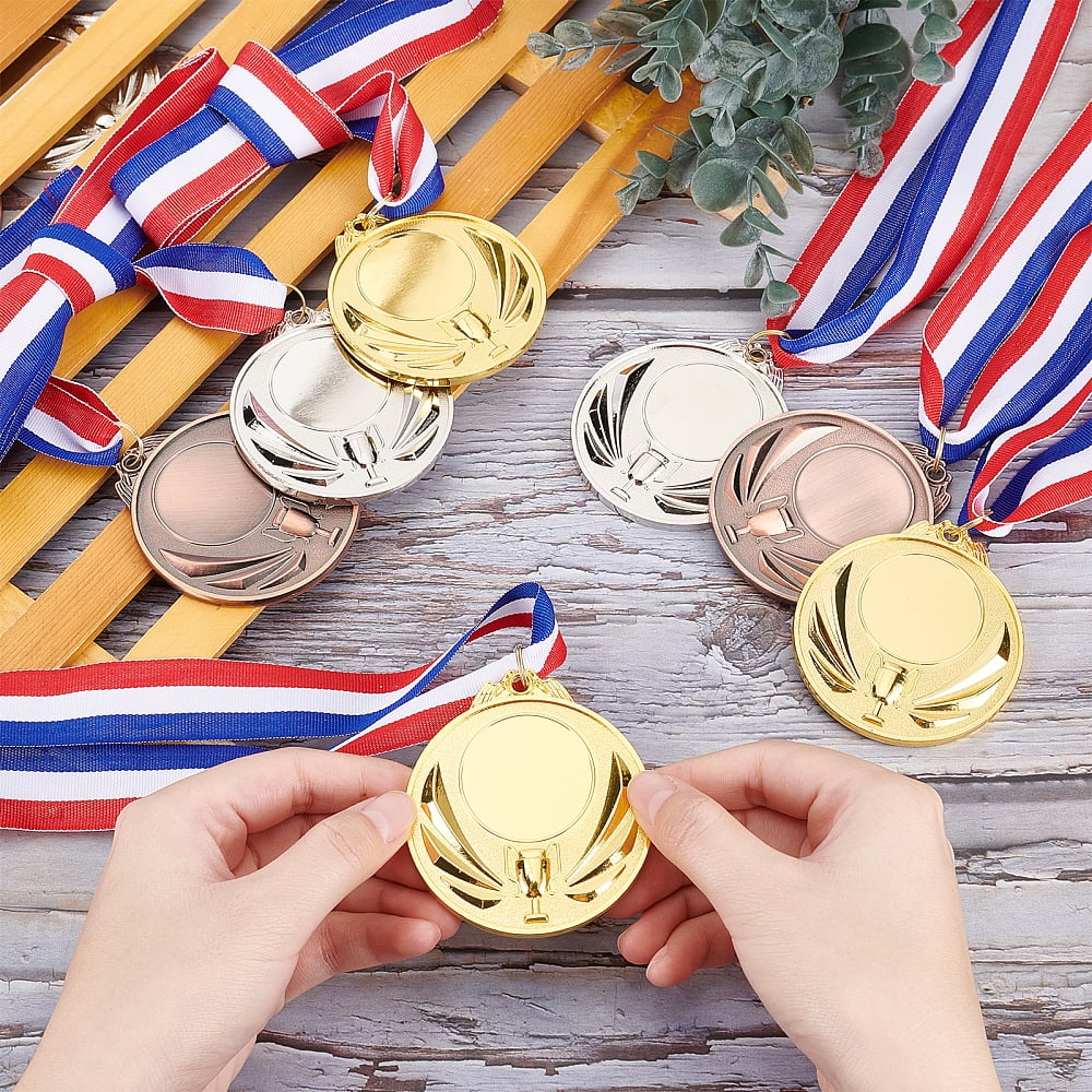 12Pcs 3 Colors Zinc Alloy Blank Award Medals with Polyester Cord Flat Round with Trophy Pattern Mixed Color 19.76 inch(50.2cm) 4pcs/color DIY