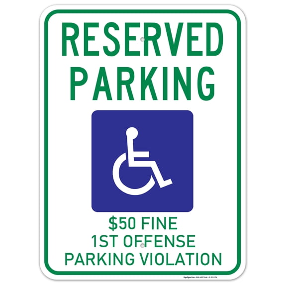 Alabama Handicap Reserved Parking Sign, 50 Fine 1St Offense Violation, 18x24 Aluminum