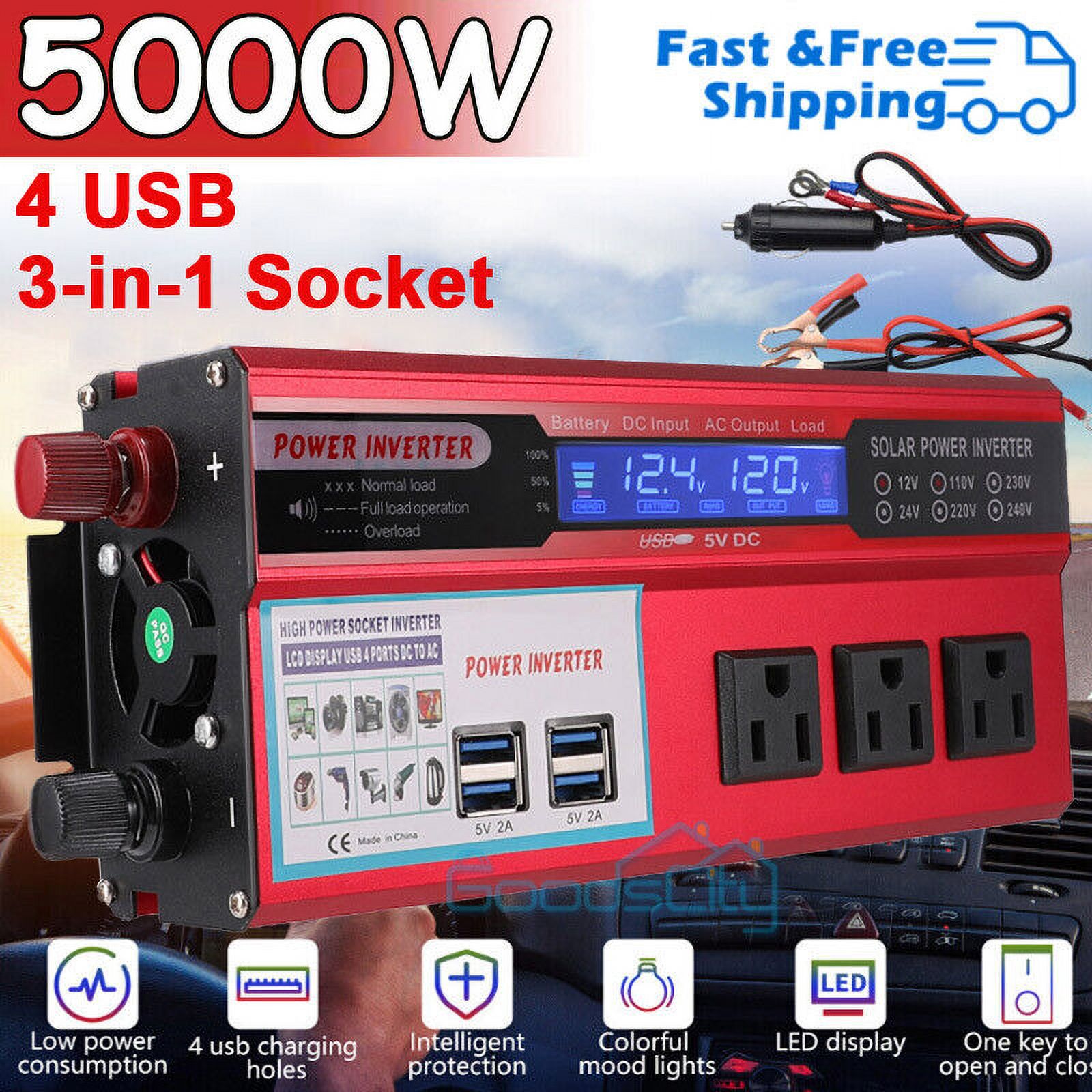 7000W Inversor de corriente para Carro Auto Convertidor solar DC 12/24V a AC110V