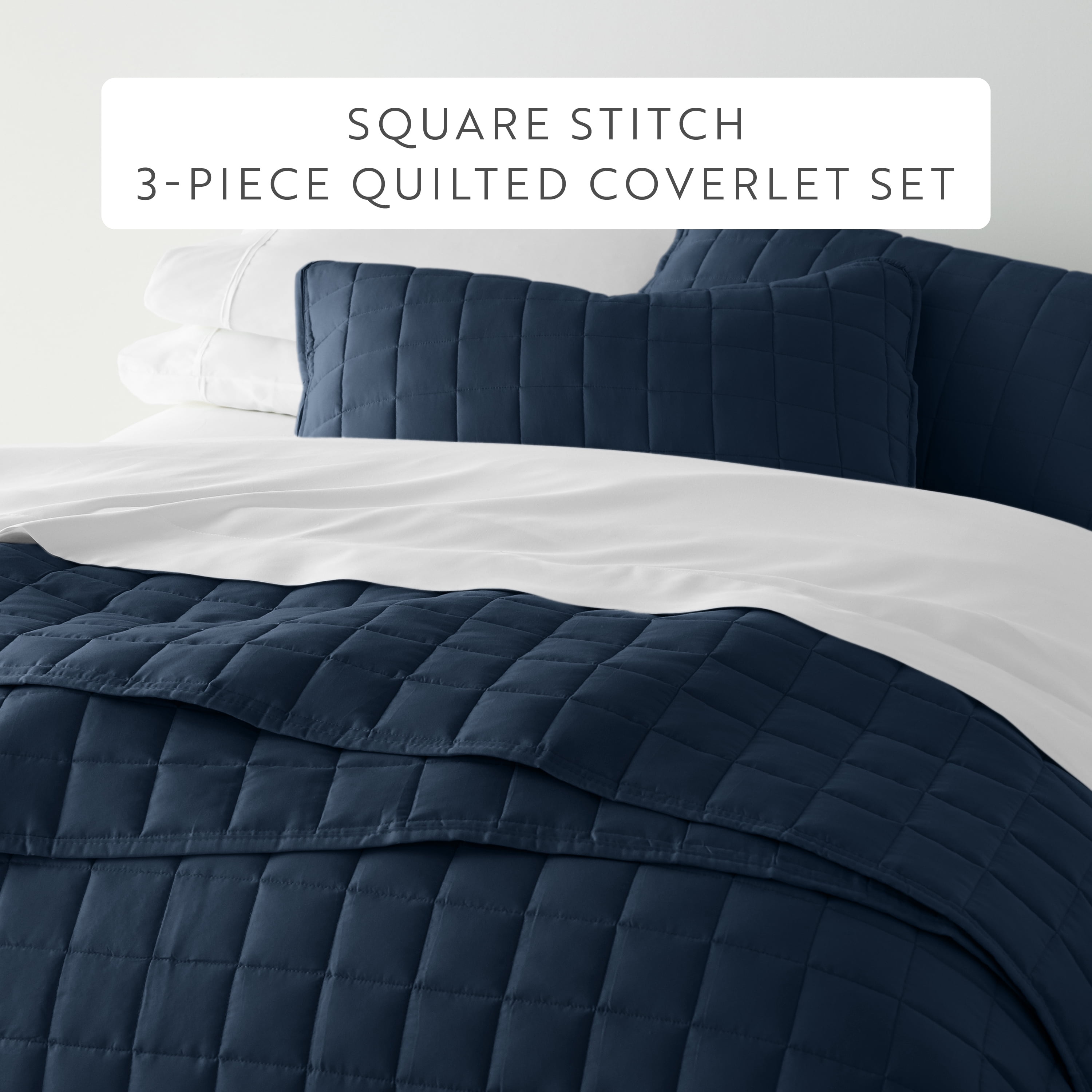 Noble Linens Navy Square Pattern Quilted Coverlet Set, King / CalKing
