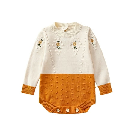 

Baby Girl Knit Sweater Romper Long Sleeve Round Neck Sunflower Embroidery Bodysuit Infant Clothes
