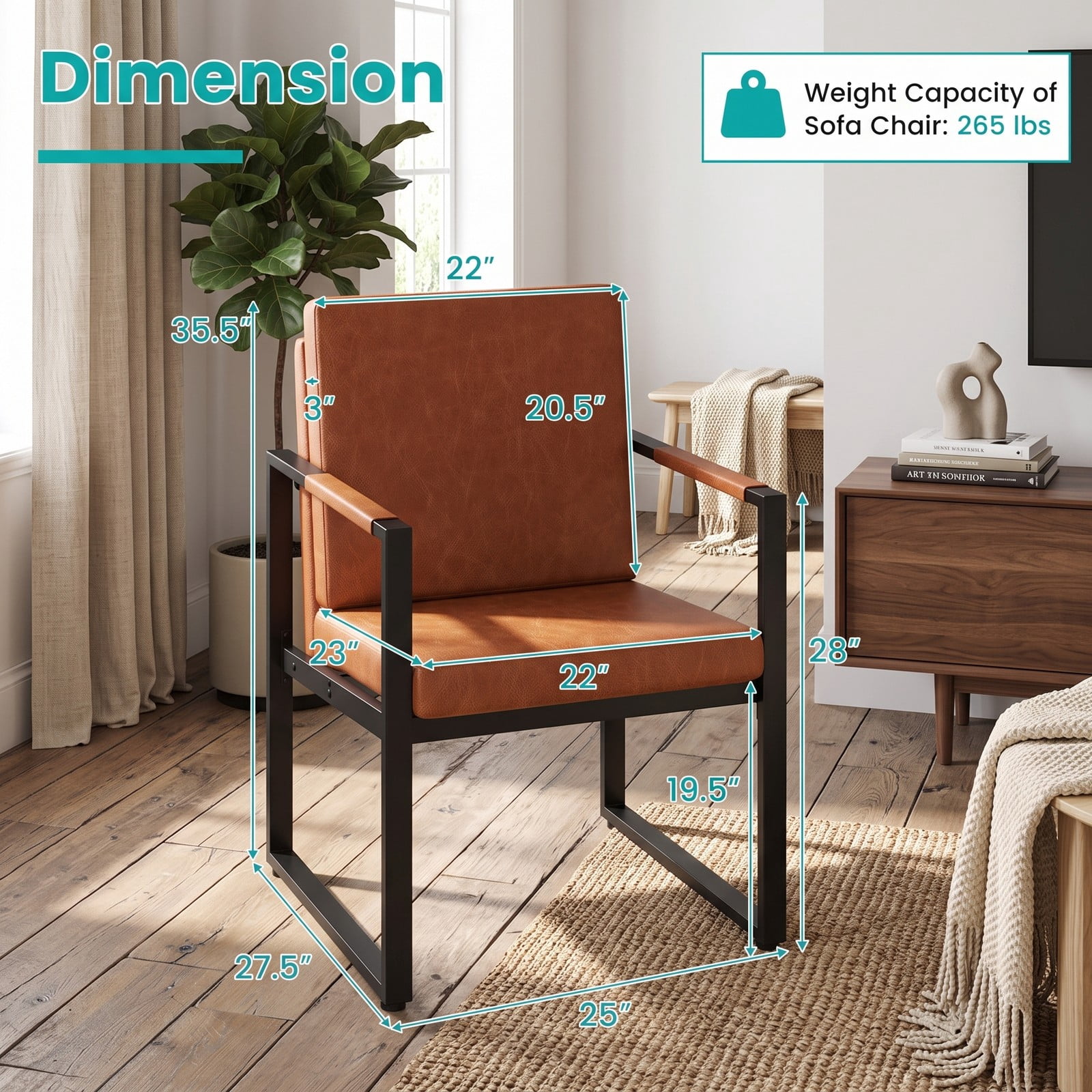 Furnibear Set of 2 Mid Century Modern Accent Chairs, PU Leather Single Sofa Armchair with Back Cushion, Metal Frame Living Room Reading Lounge Side Chair, 265, Brown