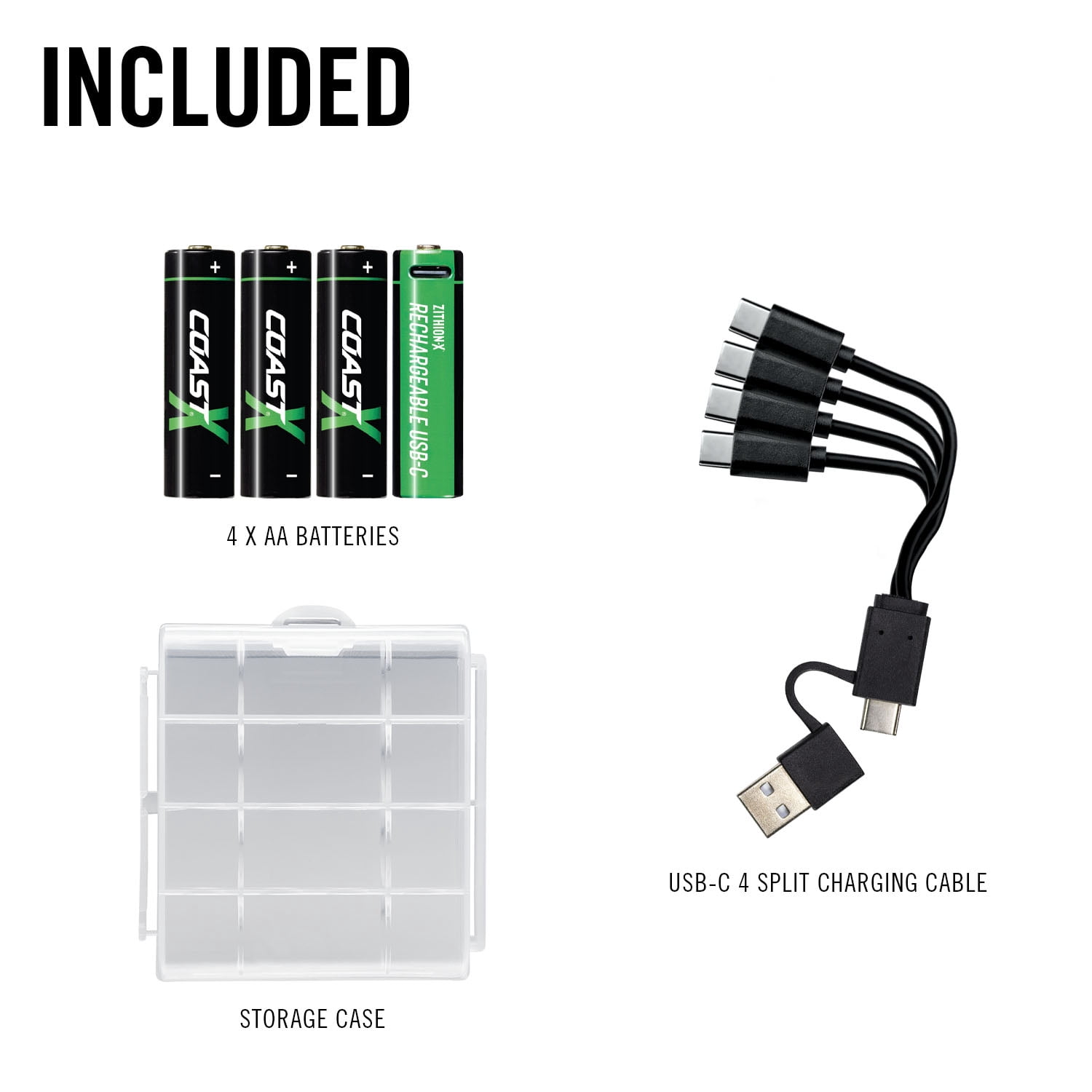 COAST Products Zithion-X AA Rechargeable Lithium-Ion Batteries with USB-C Port (1.5V, 2400mAh, 4-Pack)