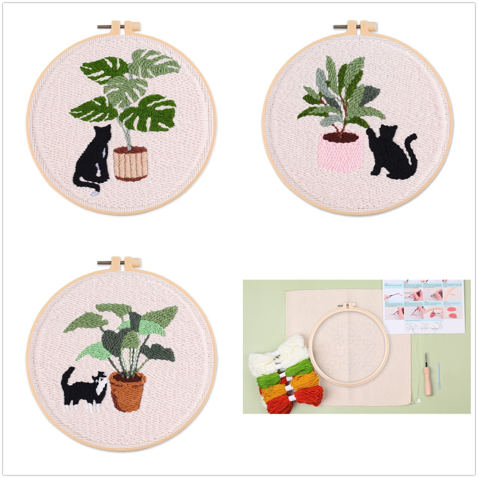 Historyli Go5H Punch Needle Kits For Beginners, Cute Cat And Green Plant Themed Punch Needle Embroidery Starter Kits With Punch Needle Fabric And Embroidery Hoops
