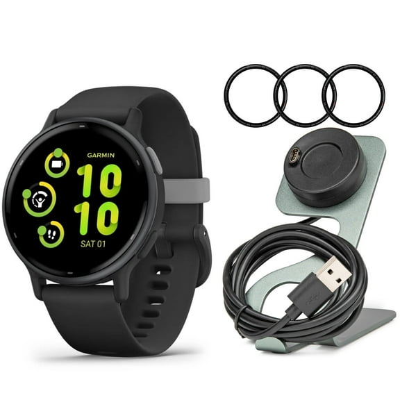 Garmin Forerunner 165 GPS Running Smartwatch (Black and Slate Gray) Bundle with Tempered Glass Screen Protector and Portable Charger Stand (3 Items)