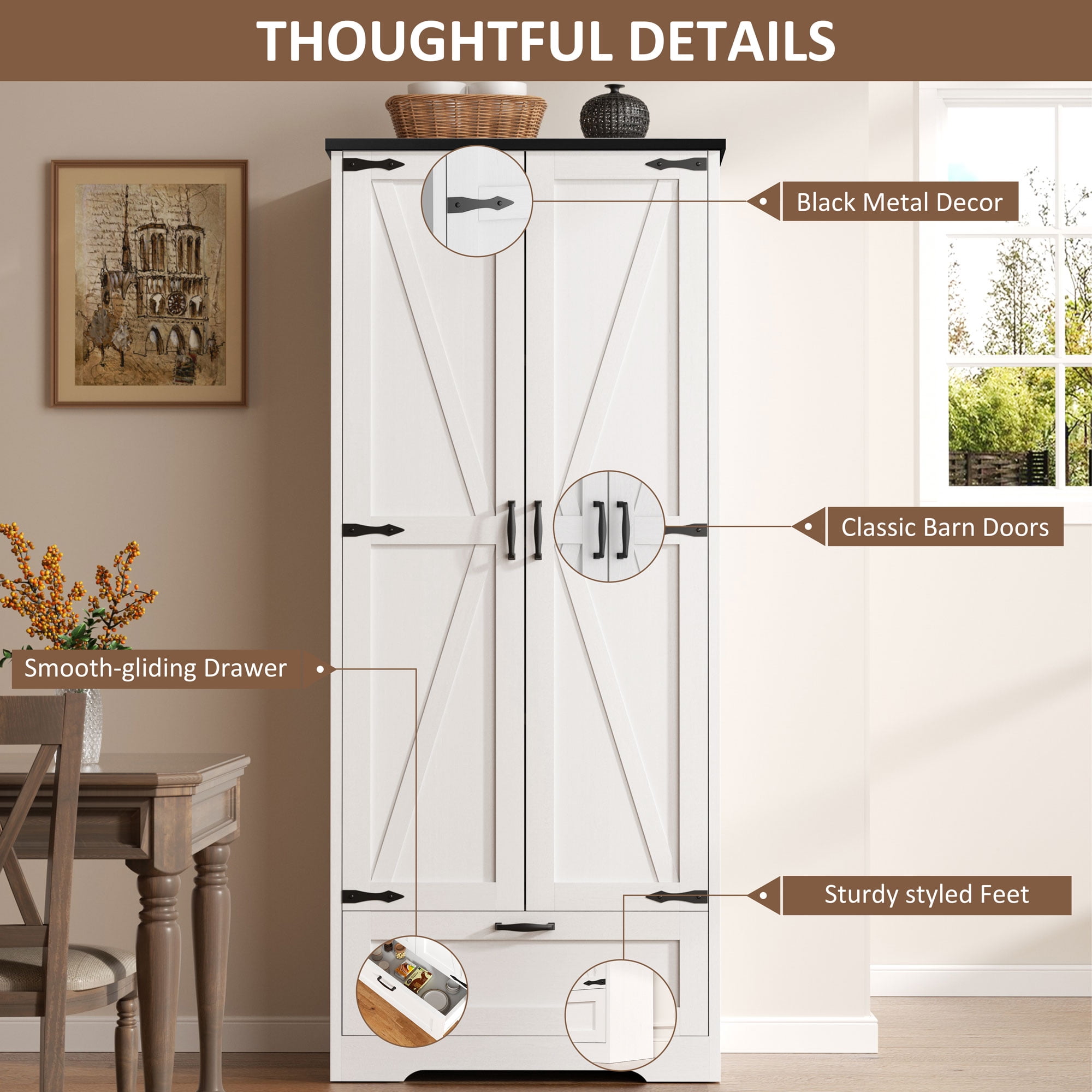 Walsunny 65" Tall Pantry Cabinet Wood Food Cabinet Pantry Storage Organizer Freestanding with 2 Doors 4 Shelves 1 Drawer for Kitchen Dining Room Living Room White